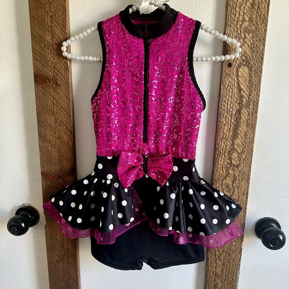 Curtain Calls Girls Costume sparkle biketard with polka dot skirt EUC sz Medium